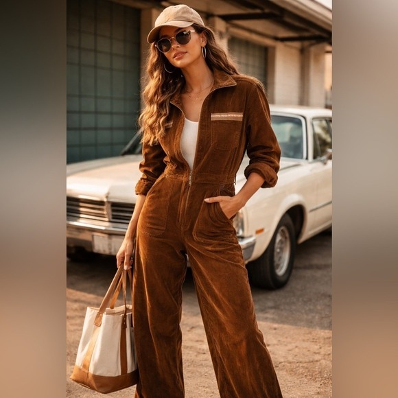 stoic Pants - Brown Corduroy Coveralls Wide Leg Jumpsuit M Utility Workwear Relaxed Fit